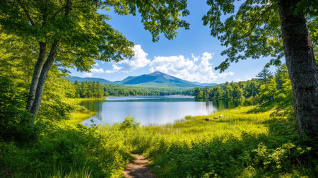 A tranquil lake scene framed by vibrant trees and majestic mountains under a bright blue sky. Perfect for nature lovers exploring serene landscapes.の素材