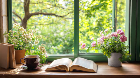 A serene reading nook featuring an open book, a steaming mug of coffee, and vibrant flowers by the window, inviting relaxation and a connection to nature.の素材