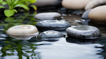 A serene image showcasing smooth stones resting on tranquil water, reflecting greenery, perfect for themes of nature, tranquility, and relaxation.の素材