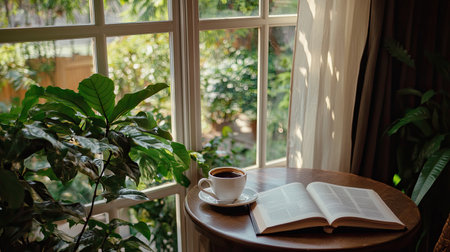 A serene indoor setting featuring a book, coffee cup, and green plant by the window, perfect for relaxation and inspiration in a cozy atmosphere.の素材