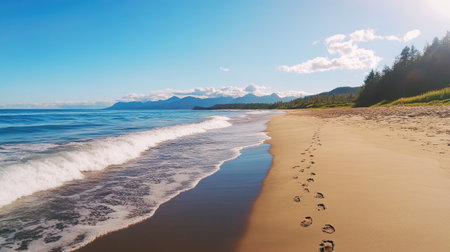 A peaceful beach scene showcasing gentle ocean waves lapping against sandy shores with footprints leading towards the horizon under a clear blue sky.の素材