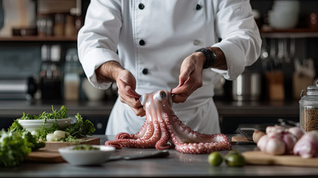 A skillful chef prepares a fresh octopus in a stylish kitchen, showcasing culinary expertise. The scene captures vibrant ingredients, highlighting the art of seafood preparation.の素材