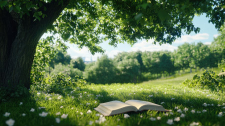 An open book rests on lush grass beneath a leafy tree, inviting exploration and relaxation. The peaceful landscape radiates tranquility and connection to nature.の素材