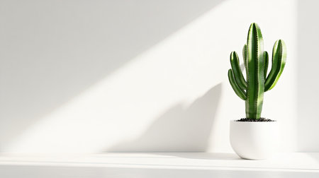 A vibrant indoor cactus in a white pot, elegantly positioned on a surface, basking in bright sunlight, creating a peaceful atmosphere perfect for home decor.の素材