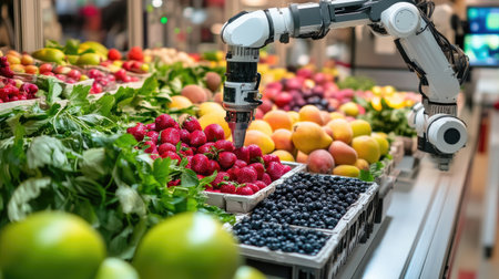 A robotic arm efficiently picks fresh fruits and vegetables in a modern grocery store, showcasing the intersection of technology and food retail in an innovative and organized setting.の素材