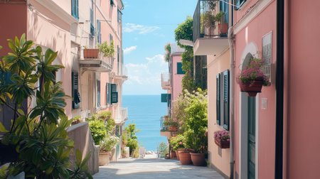 A beautiful coastal alleyway showcases vibrant plants, colorful buildings, and an inviting view of the ocean, evoking a sense of tranquility and summer joy.の素材