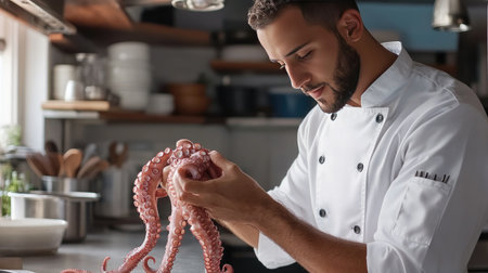 A dedicated chef skillfully examines a fresh octopus in a modern kitchen setting. The image captures the artistry of food preparation and the essence of culinary passion.の素材