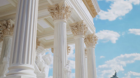 Explore the beauty of classical architecture featuring intricate columns under a vibrant blue sky with clouds, showcasing timeless artistry and elegance.の素材