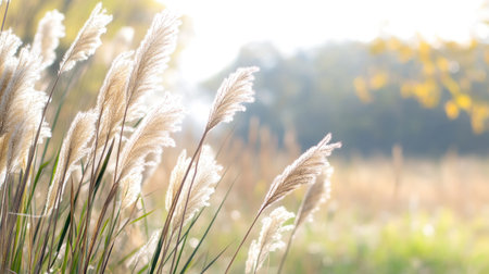 A stunning close-up of soft pampas grass swaying in the gentle breeze, illuminated by warm sunlight, creating a tranquil and serene outdoor scene.の素材