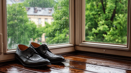 Elegant black shoes rest on a window sill, framed by the serene view of rainfall and vibrant greenery outside. A perfect blend of fashion and nature.の素材
