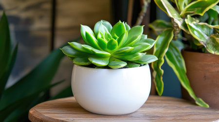 A vibrant green succulent plant displayed in a sleek white pot on a wooden table creates a refreshing and serene indoor decor for any space.の素材