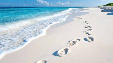 Enjoy a serene beach scene showcasing footprints in white sand. The gentle waves and clear blue water invite relaxation and a sense of escape.の素材