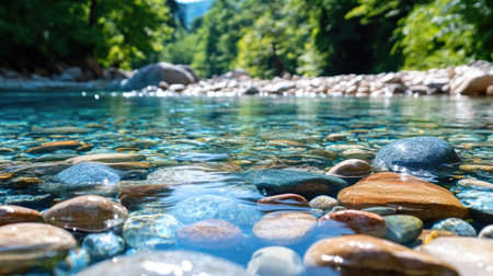 An enchanting view of a clear river showcasing colorful stones and pebbles beneath the water, framed by lush green foliage, creating a serene landscape.の素材