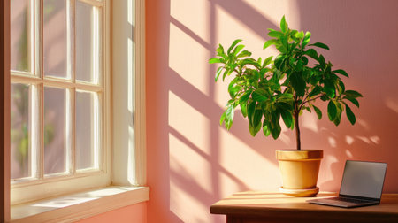 A serene workspace featuring a green plant next to a laptop by a sunlit window, creating a perfect balance of nature and technology for productivity.の素材