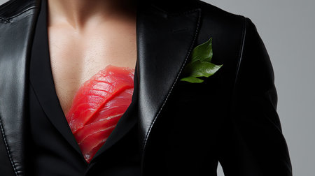 A striking image of a man in a black suit showcasing vibrant sushi garnishment on his chest. The composition blends elegance with culinary art, creating a unique visual impact.の素材