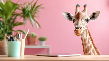 A playful giraffe peeks over a modern desk in a cozy workspace, surrounded by vibrant plants and a soft pink background, creating a unique and whimsical atmosphere.の素材