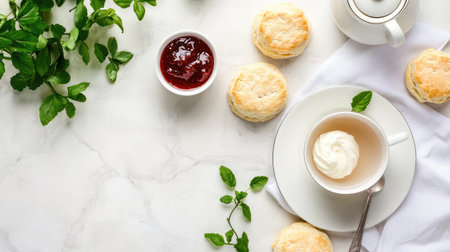 A beautifully arranged afternoon tea scene featuring scones, cream, and jam on a marble table. Perfect for relaxation and enjoyment, showcasing elegance and comfort.の素材
