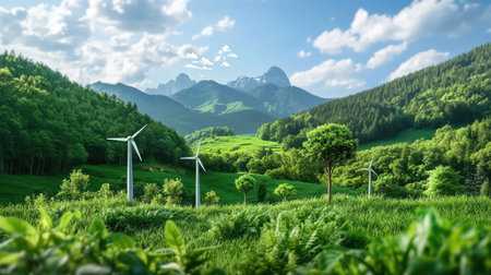 A serene landscape featuring wind turbines surrounded by lush greenery and majestic mountains. A perfect capture of nature's beauty and renewable energy integration.の素材