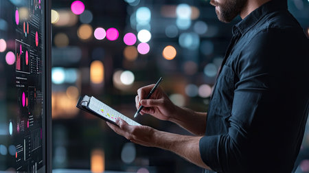 A business professional writes notes while analyzing data on a clipboard, surrounded by modern office ambiance and colorful bokeh lights, symbolizing innovation and strategy.の素材