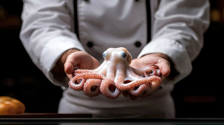A professional chef showcases a fresh octopus in a modern kitchen. The vibrant colors and textures highlight the artistry of seafood preparation and culinary skills.の素材