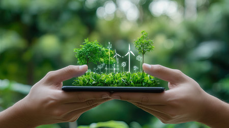Hands hold a smartphone displaying a vibrant, eco-friendly scene with trees and renewable energy symbols, emphasizing the connection between technology and nature.の素材
