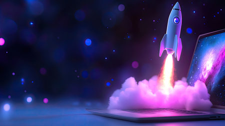 A stunning rocket ascends from a laptop, surrounded by vibrant colors and cosmic elements, symbolizing innovation and technological progress in a modern workspace.の素材