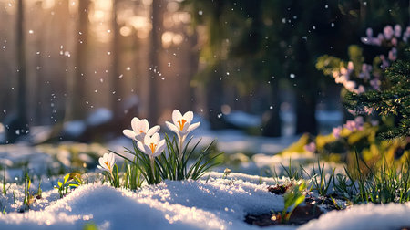 Delicate crocus flowers emerge from a snowy landscape, showcasing the beauty of spring in a tranquil forest setting, illuminated by soft sunlight.の素材
