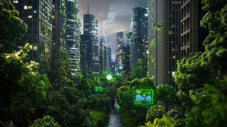 A vibrant futuristic urban landscape showcasing skyscrapers entwined with greenery, innovative technology, and a serene river, embodying sustainability and harmony.の素材