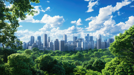 A stunning view of a vibrant city skyline framed by lush greenery. The bright blue sky, dotted with fluffy clouds, creates a peaceful atmosphere. Perfect for outdoor enthusiasts.の素材