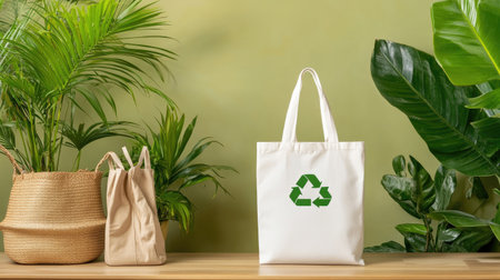 A stylish setup featuring eco-friendly shopping bags on a wooden table surrounded by lush green plants, promoting a sustainable lifestyle and environmental consciousness.の素材