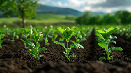 Vibrant green seedlings emerge from rich soil in an agricultural field, showcasing the beauty of nature and growth in a fertile environment during morning light.の素材