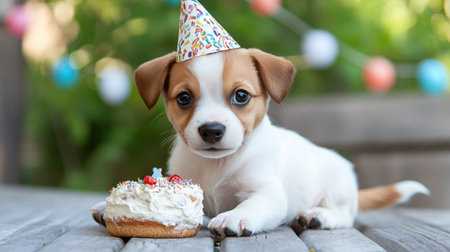 A playful puppy wearing a festive birthday hat sits beside a colorful cake, capturing a joyful celebration moment filled with sweetness and happiness.の素材