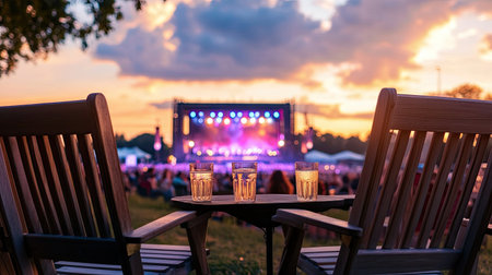 Enjoy a tranquil moment at an outdoor concert with scenic views and drinks. Experience the vibrant atmosphere and colorful lights as the sun sets.の素材