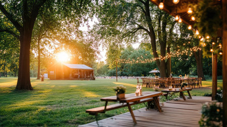 A beautiful sunset illuminates a rustic outdoor venue adorned with string lights. Perfect for events, gatherings, and celebrations in nature's embrace.の素材
