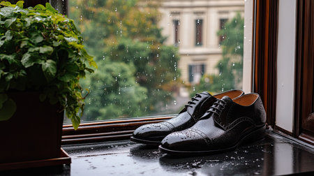 A pair of elegant black leather shoes sits on a windowsill, showcasing reflections of raindrops on the glass. A soothing indoor setting enhances the cozy atmosphere.の素材