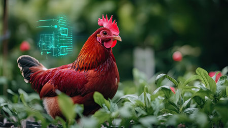 A vibrant red chicken stands proudly in a lush green garden with a futuristic digital overlay, symbolizing the blend of nature and technology in modern farming.の素材