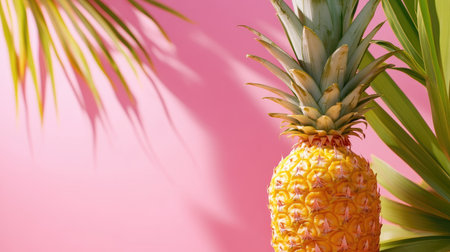 A vibrant pineapple stands against a bright pink backdrop, surrounded by palm leaves, capturing the essence of tropical freshness and summer beauty.の素材