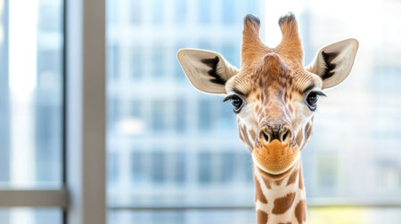 A captivating portrait of a giraffe displaying its unique features against an urban backdrop. The image captures the beauty and charm of this majestic animal.の素材