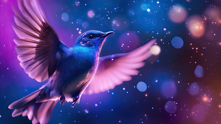 A stunning close-up of a colorful bird in mid-flight against a dreamy, abstract background filled with vibrant bokeh lights, capturing beauty and motion.の素材