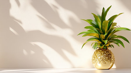 A stunning gold pineapple planter adorned with lush green leaves casts beautiful shadows, creating a serene and stylish atmosphere perfect for modern interiors.の素材