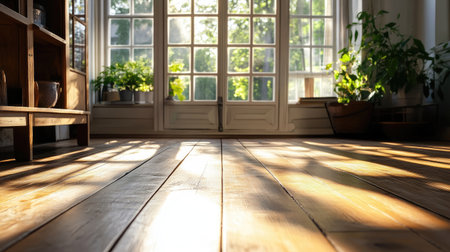 A bright and inviting room featuring a warm wooden floor illuminated by soft sunlight. Lush plants by the window add a touch of nature, promoting a soothing atmosphere.の素材