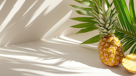 A fresh pineapple sits beside tropical leaves, casting soft shadows on a light backdrop, perfect for themes of wellness, summer, and healthy living.の素材