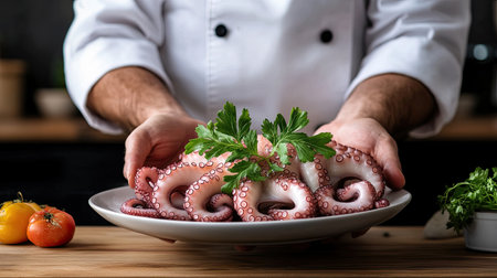 A skilled chef presents a fresh octopus on a stylish plate, adorned with herbs and vibrant vegetables, showcasing culinary artistry and quality ingredients.の素材