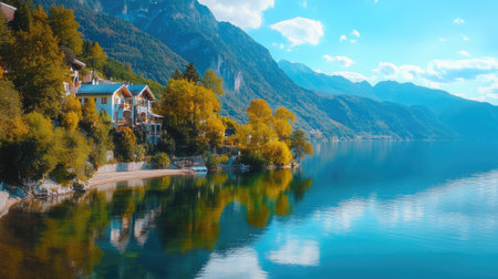 Beautiful lake view featuring colorful houses along the waterfront, surrounded by majestic mountains and vibrant autumn trees, creating a serene atmosphere.の素材