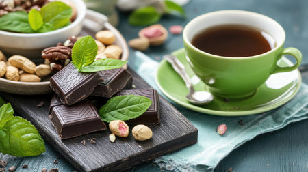 A delectable chocolate bar featuring nuts and fresh mint, beautifully arranged on a wooden board. Perfect for coffee breaks or dessert innovations.の素材