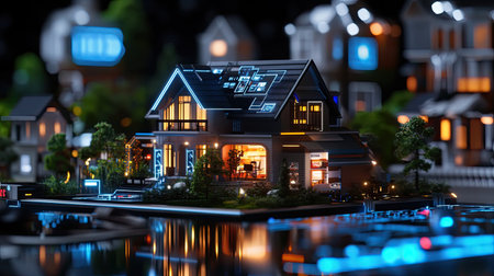 This image features a futuristic smart home model, beautifully illuminated at night. The scene showcases innovative design elements and digital interfaces that highlight modern living concepts.の素材