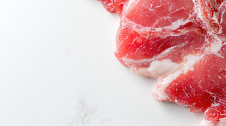 Close-up view of fresh raw meat cut resting on a white marble surface, showcasing its rich texture and color, ideal for culinary creations and food photography.の素材