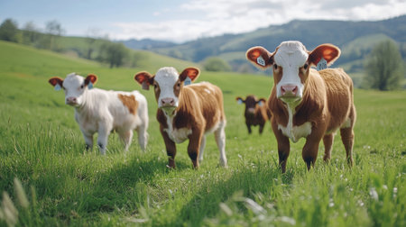 This image features adorable calves enjoying a sunny day on lush green grass in a scenic rural landscape, showcasing the beauty of farm life and nature.の素材
