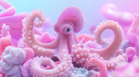 A whimsical pink octopus surrounded by colorful coral and soft clouds creates a surreal underwater scene. Perfect for marine life enthusiasts and artists.の素材