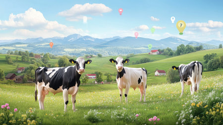 Three black and white cows stand in a vibrant green field, showcasing a picturesque rural scene with mountains and a bright blue sky in the background.の素材